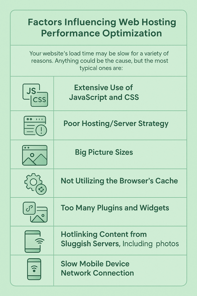 Factors Influencing Web Hosting Performance Optimization infographic