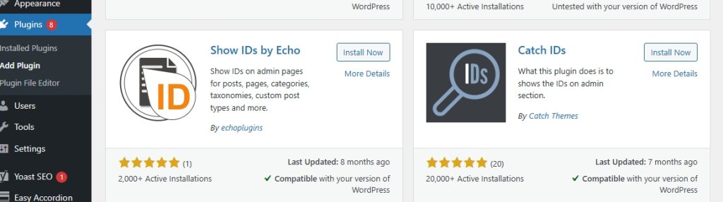 A WordPress dashboard showing different plugins for post IDs
