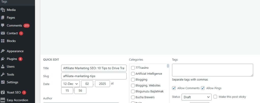 How to use the WordPress quick edit option