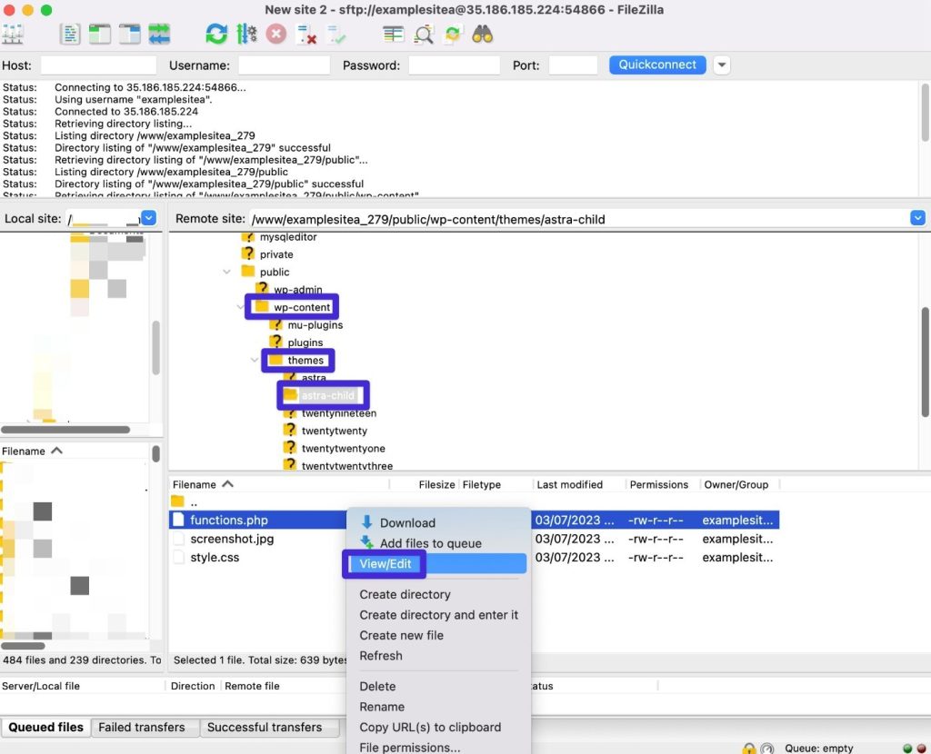 Edit functions.php in FileZilla (SFTP)