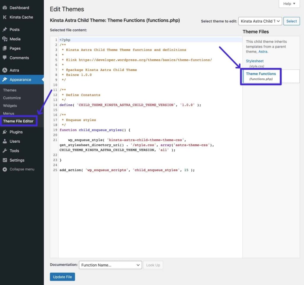Edit functions.php in WordPress dashboard