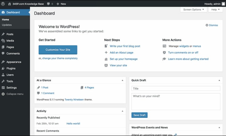 An image of the WordPress dashboard 