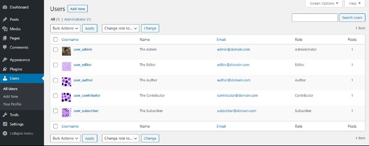 An image showing User WordPress roles
