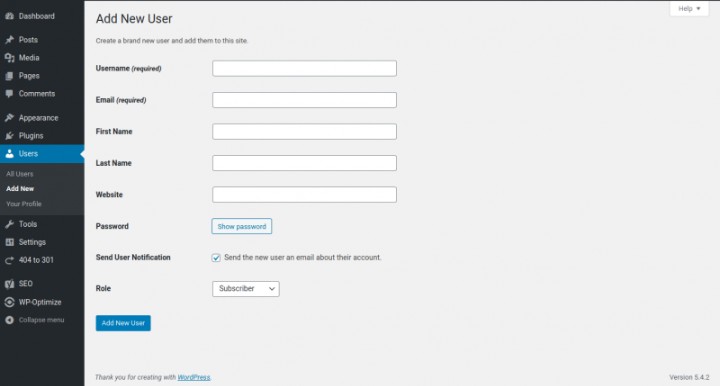 Adding new user on wordpress