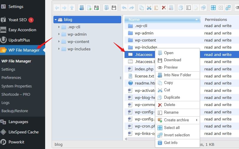 Finding the .htaccess file in the WP file manager.