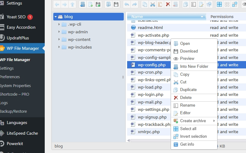 Finding the wp-config.php file in the WP file manager.