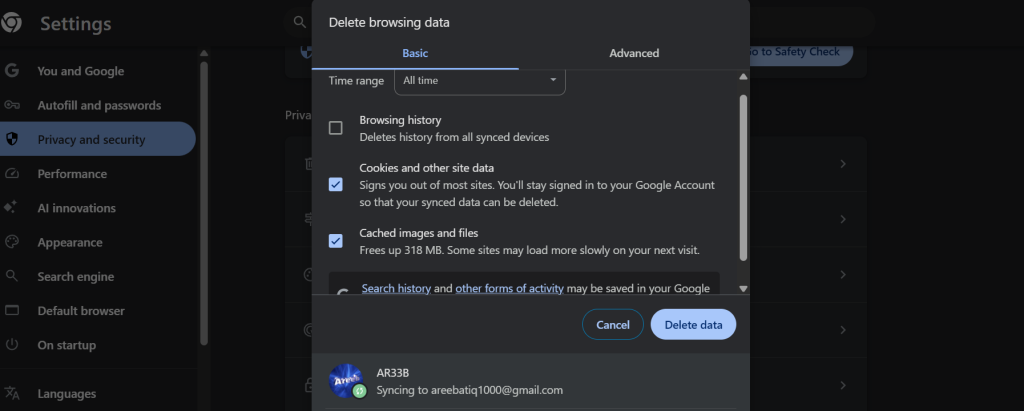 clear cache and cookies
