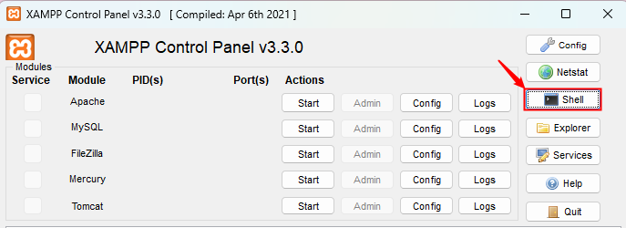 opeb shell from XAMPP control panel