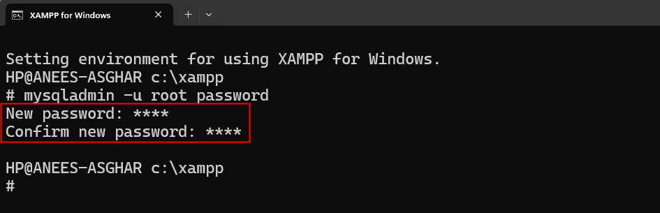change mysql password with xampp shell