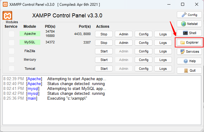 open explorer from xampp control panel