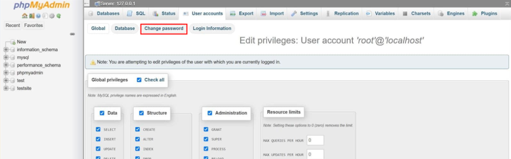 change password for mysql root user
