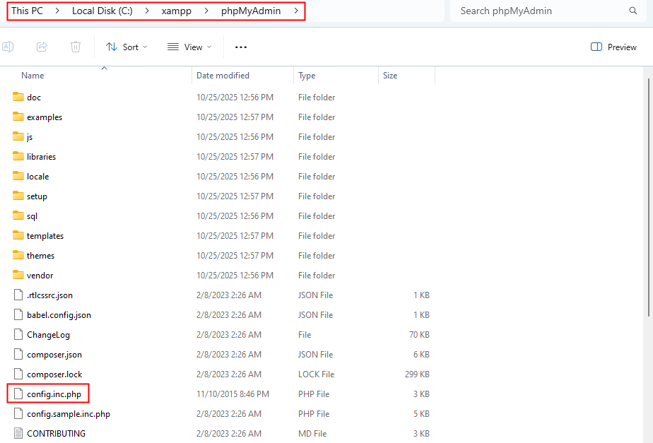 access config.inc.php file