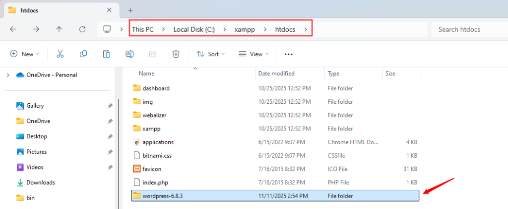 move extracted wordpress files to htdocs