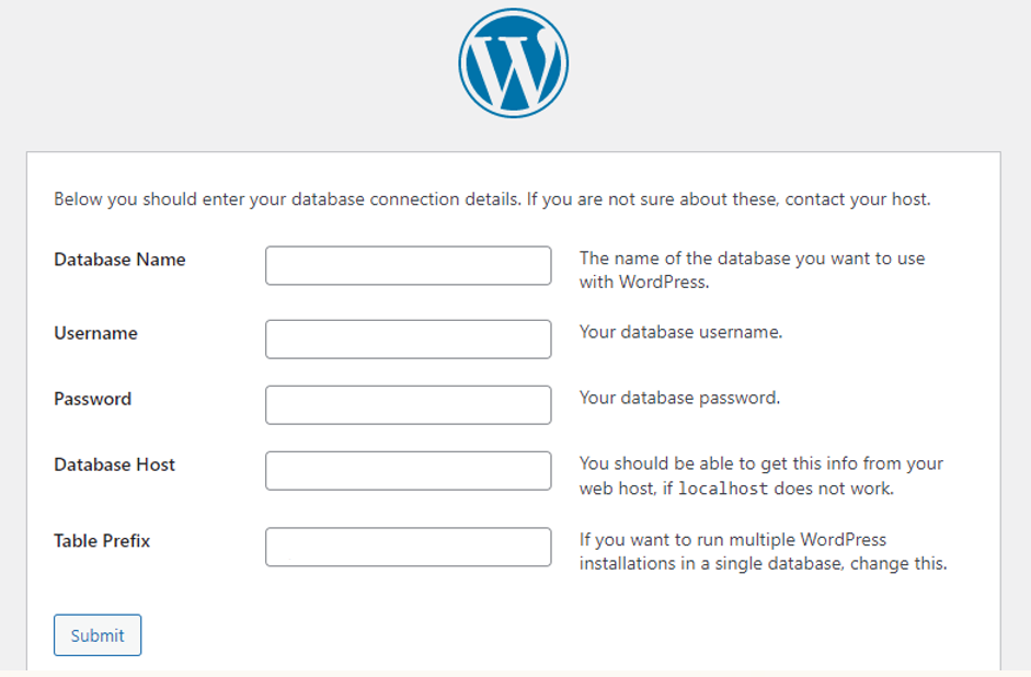 specify database connection details for your wordpress set up